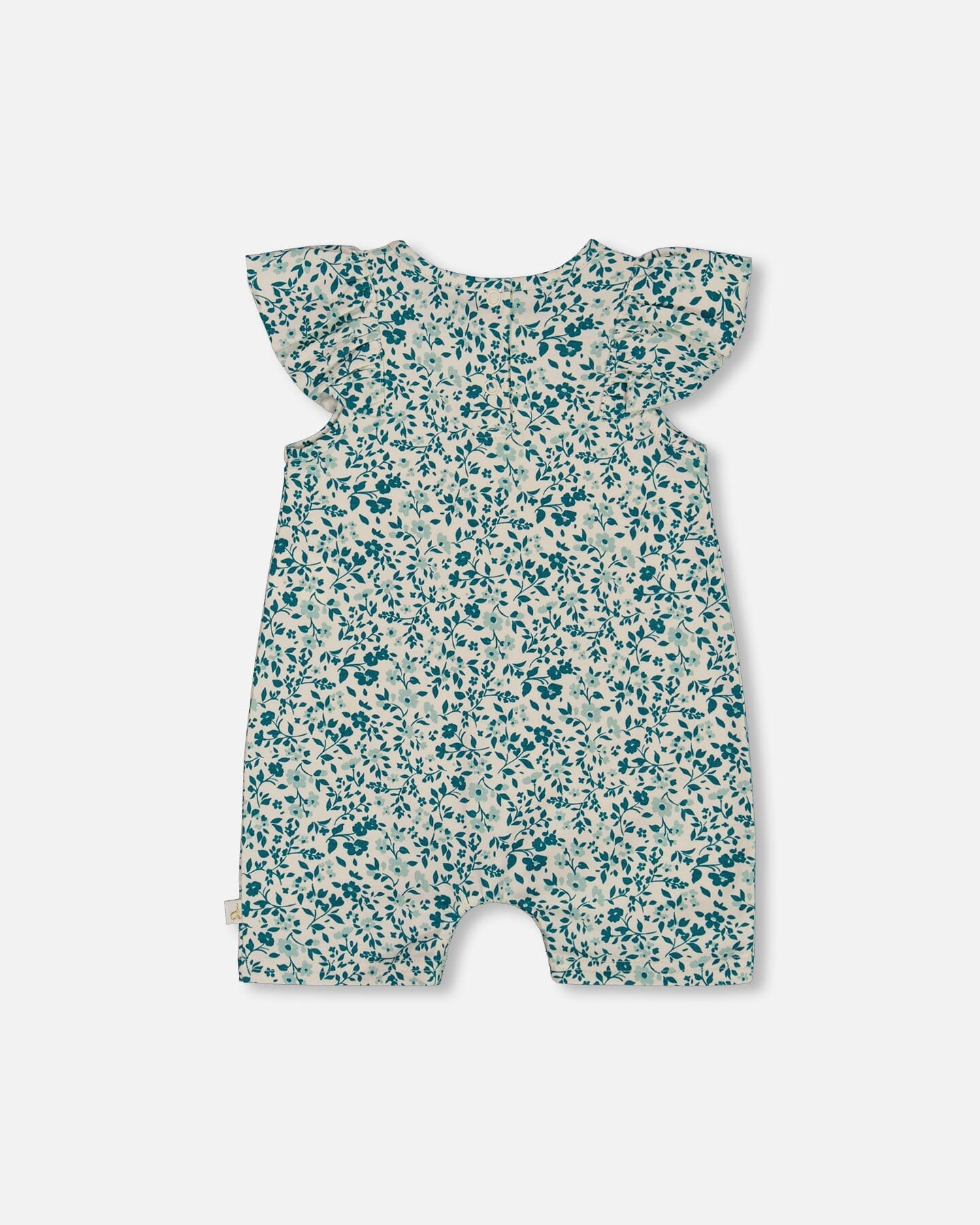 Printed Organic Cotton Romper With Frills Small Turquoise Flowers