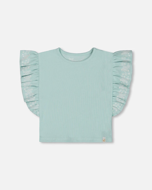 Flat Back Rib Tee With Embroidery And Frills Pale Teal