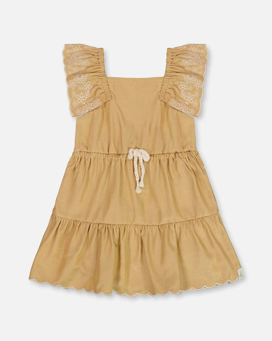Chambray Dress With Embroidery Golden Beige
