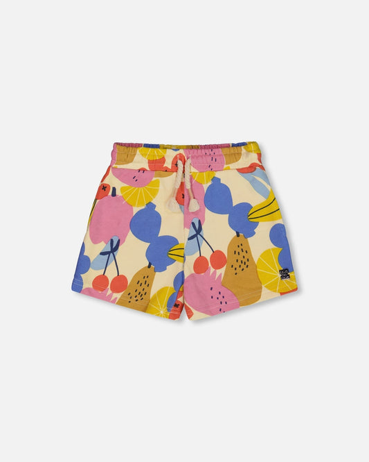 Printed French Terry Short Fruits On Yellow Background