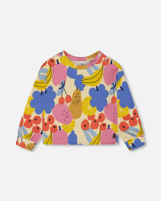 Printed French Terry Sweatshirt Fruits On Yellow Background