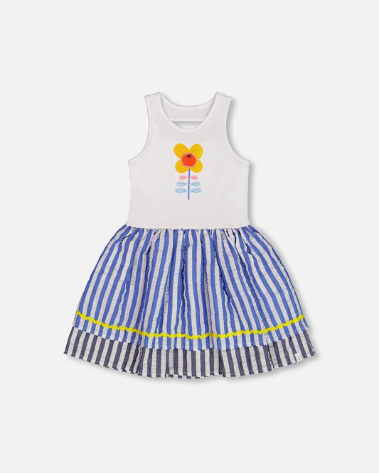 Bi-Material Cotton And Seersucker Dress White And Royal Blue