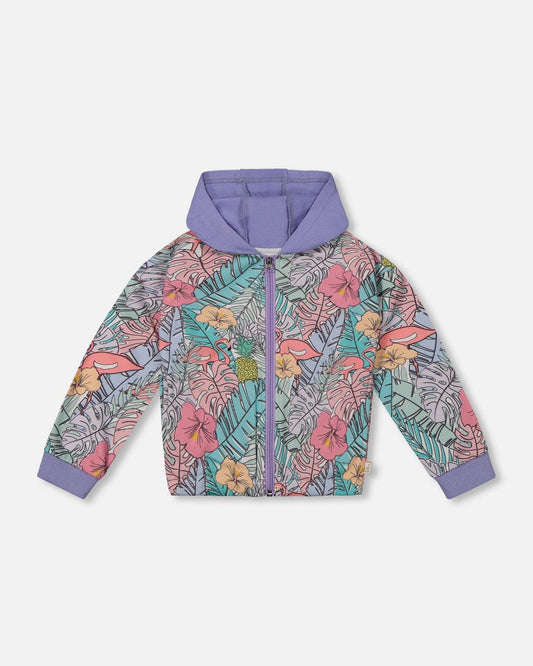 Printed French Terry Hoodie Cardigan Lilac Tropical And Pink Flamingos