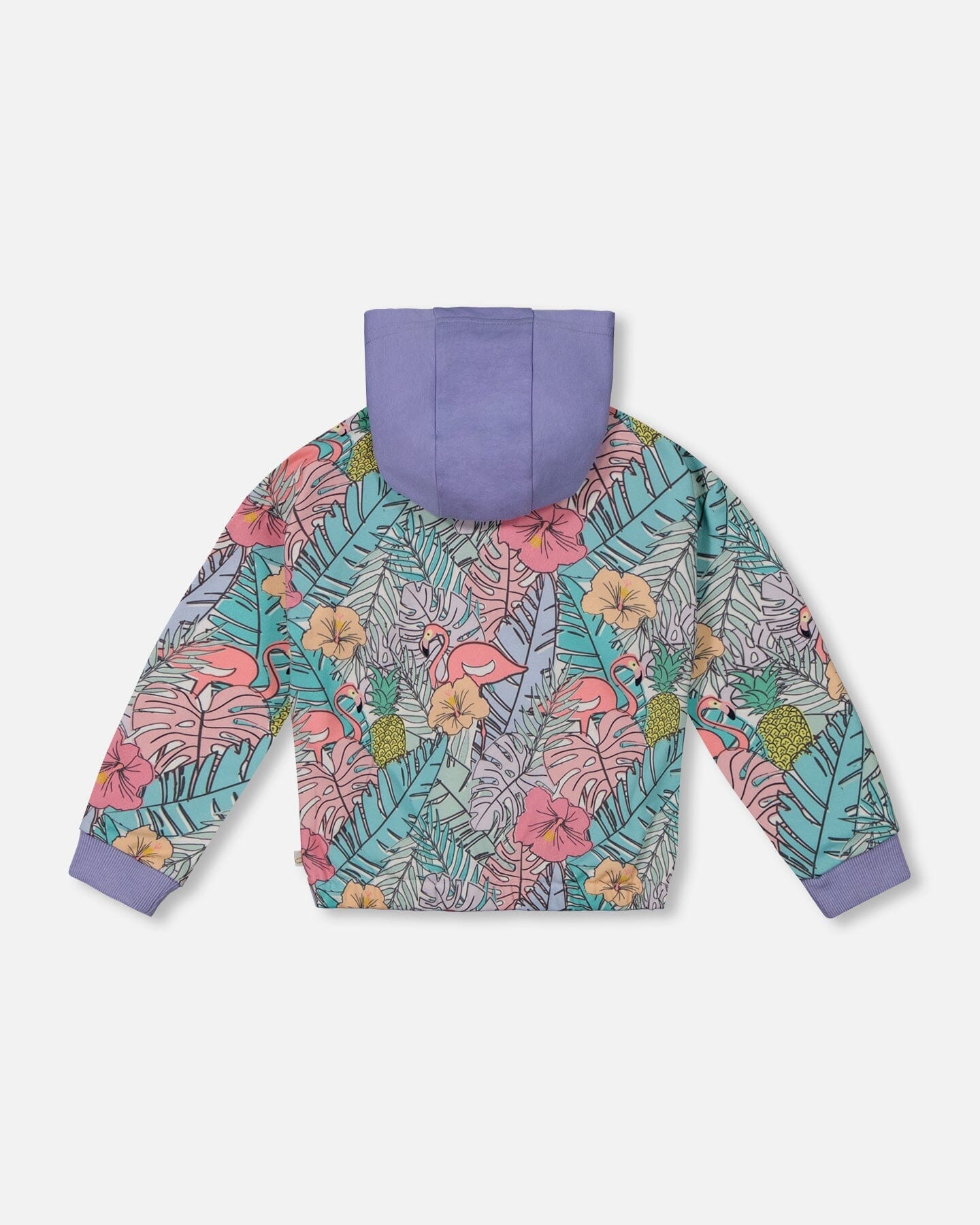 Printed French Terry Hoodie Cardigan Lilac Tropical And Pink Flamingos