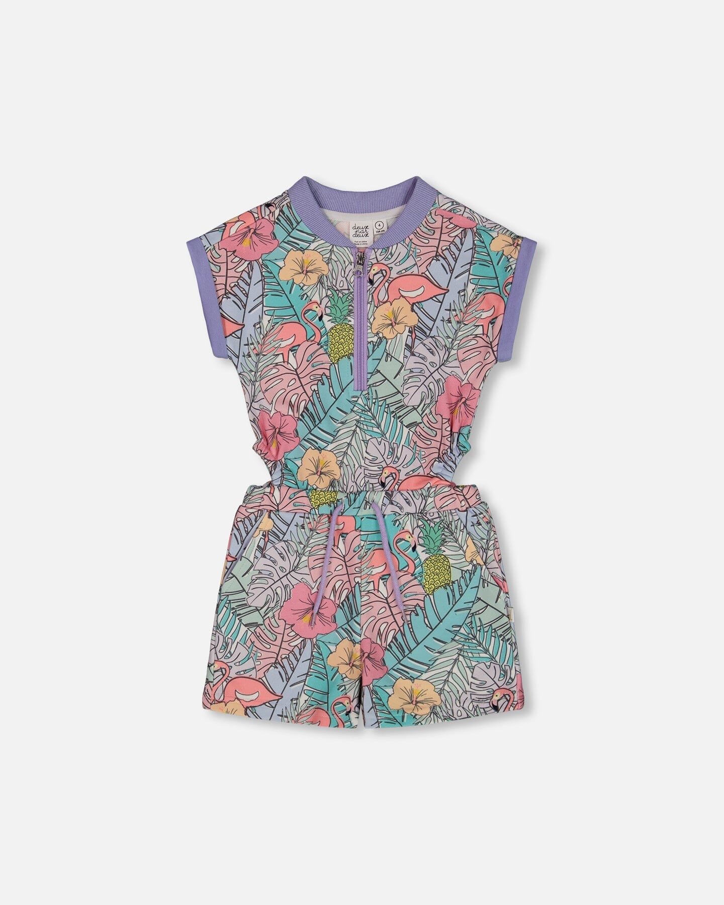 Printed French Terry Romper Lilac Tropical And Pink Flamingos