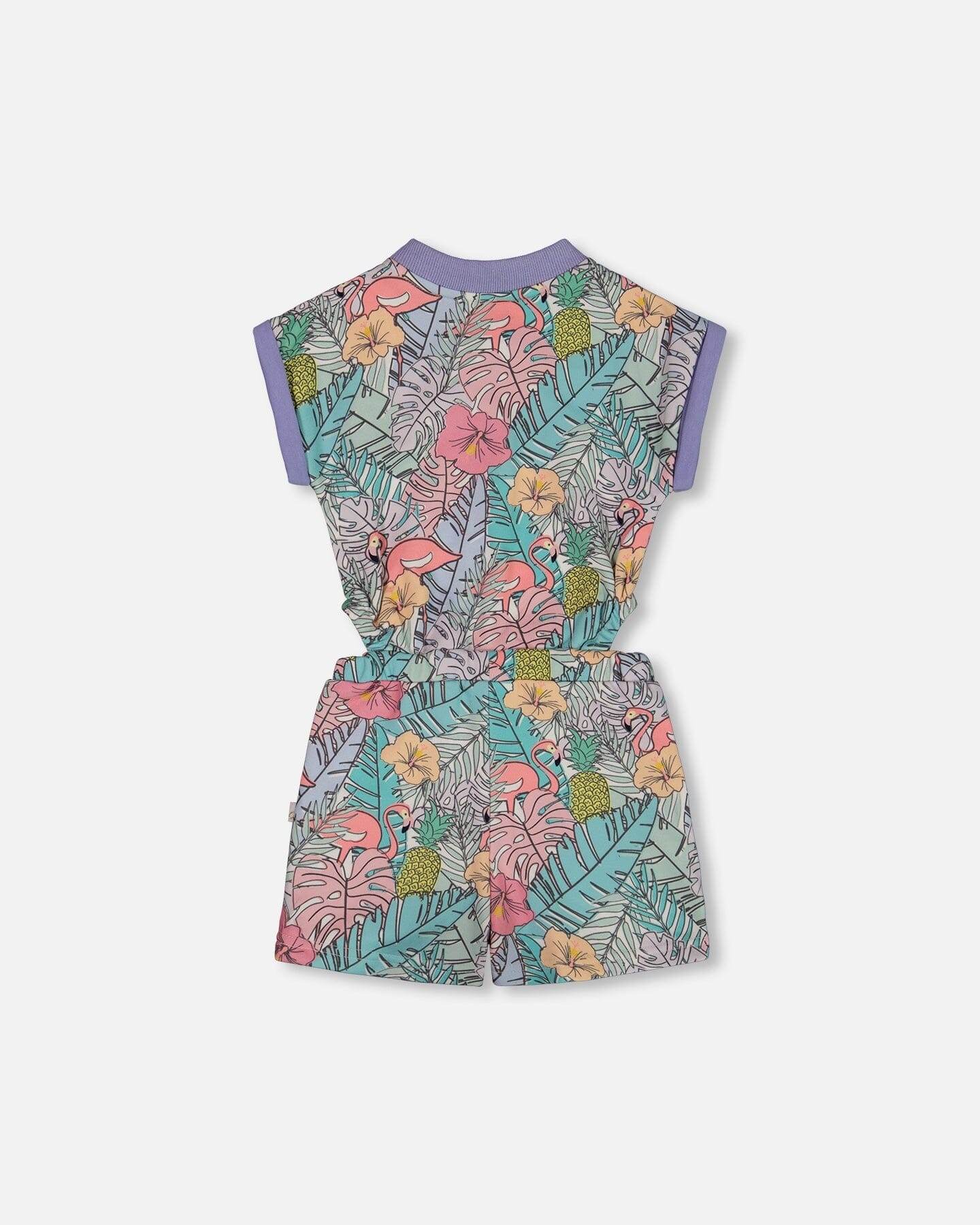 Printed French Terry Romper Lilac Tropical And Pink Flamingos