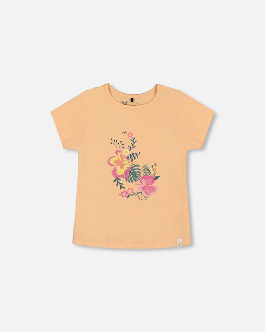 Organic Cotton Tee Light Orange And Flowers