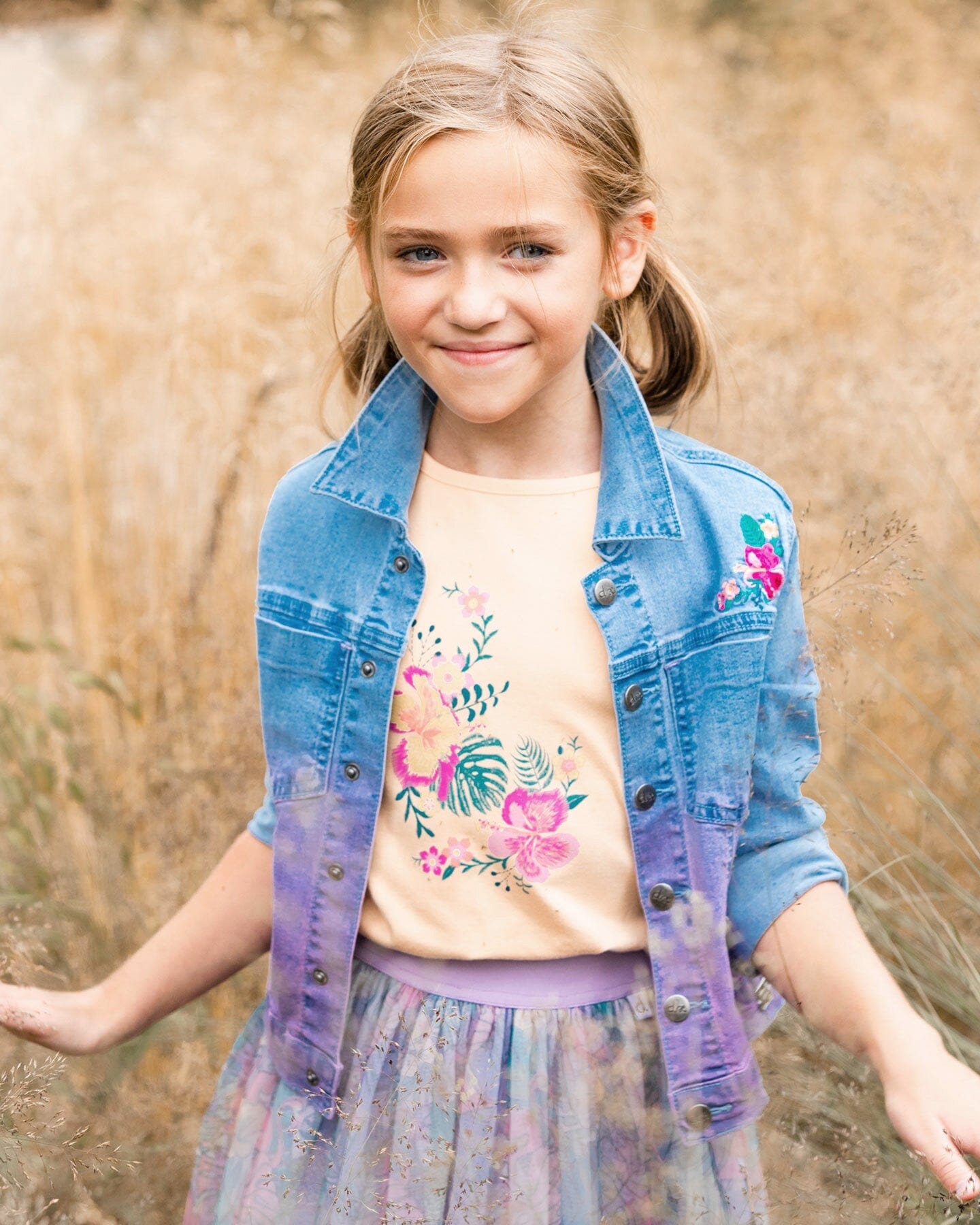 Organic Cotton Tee Light Orange And Flowers