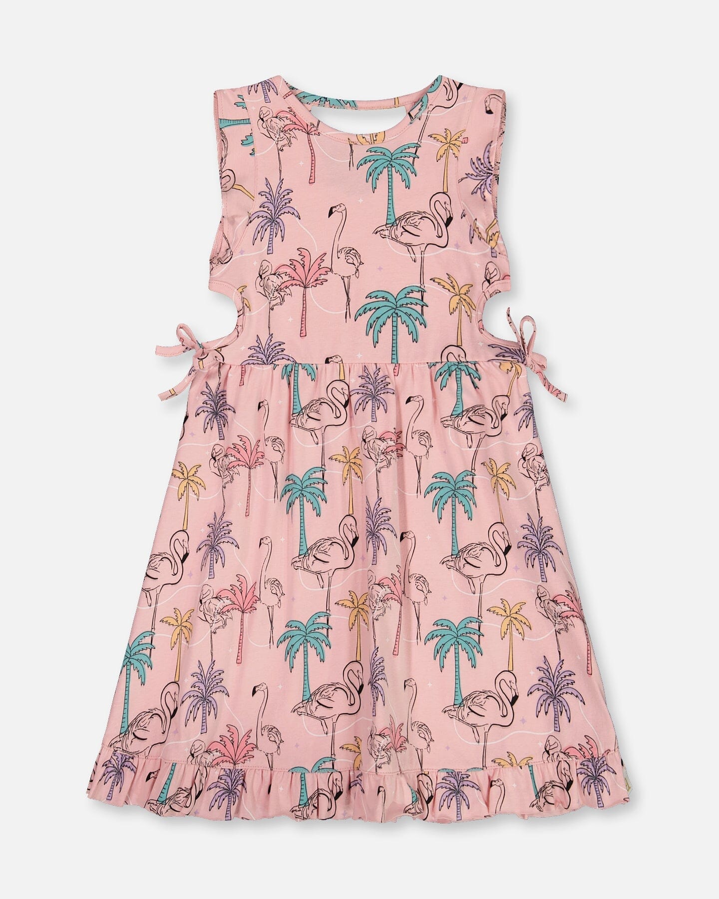 Printed Organic Cotton Dress With Cut Outs Palm Trees, Pink Flamingo, And Turquoise