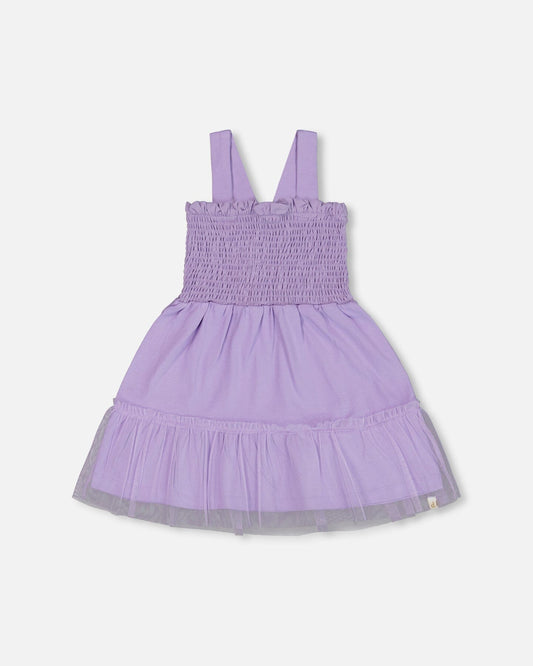 Smocked Organic Cotton Dress With Mesh Frill Lilac