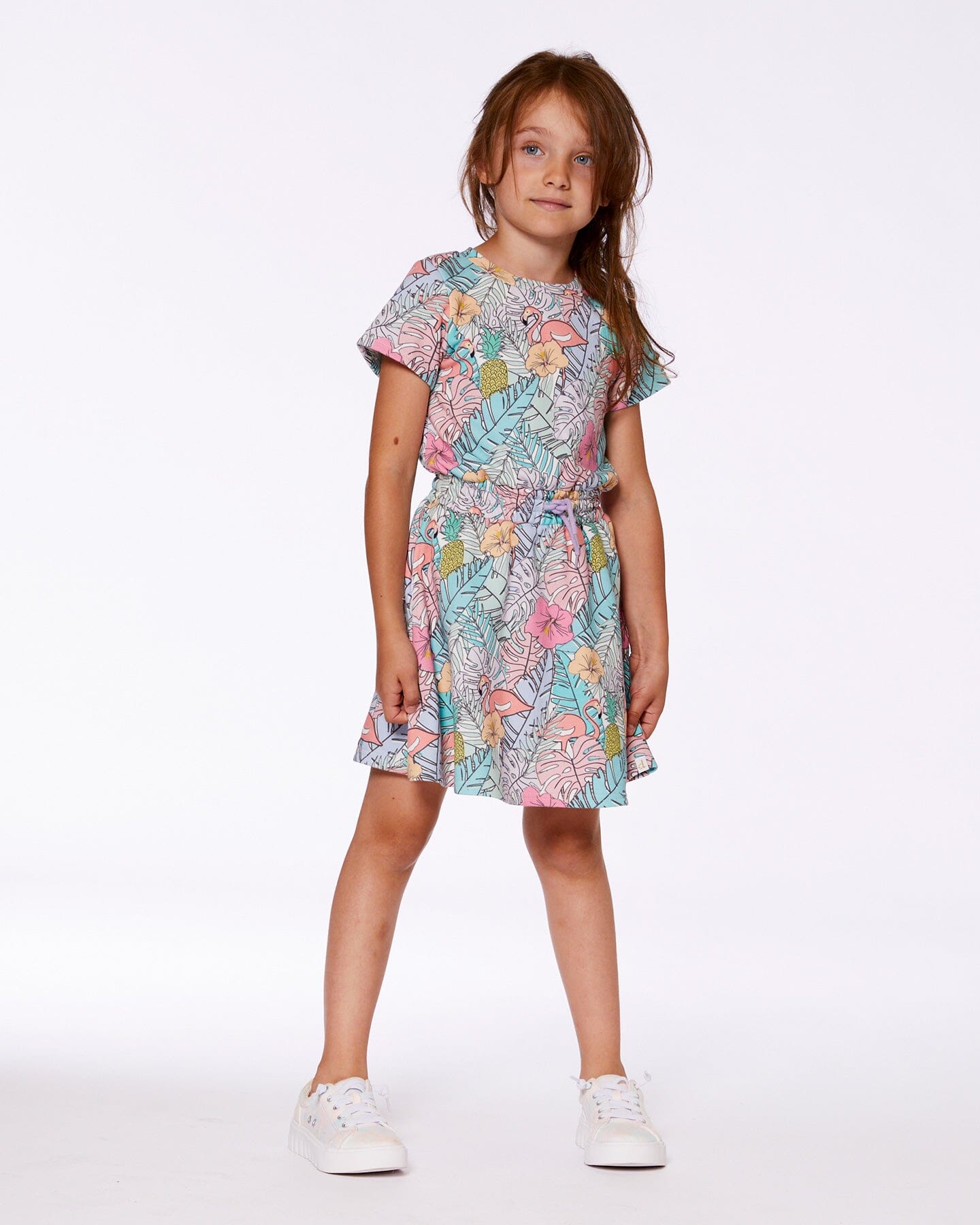 Printed French Terry Dress Lilac Tropical And Pink Flamingos