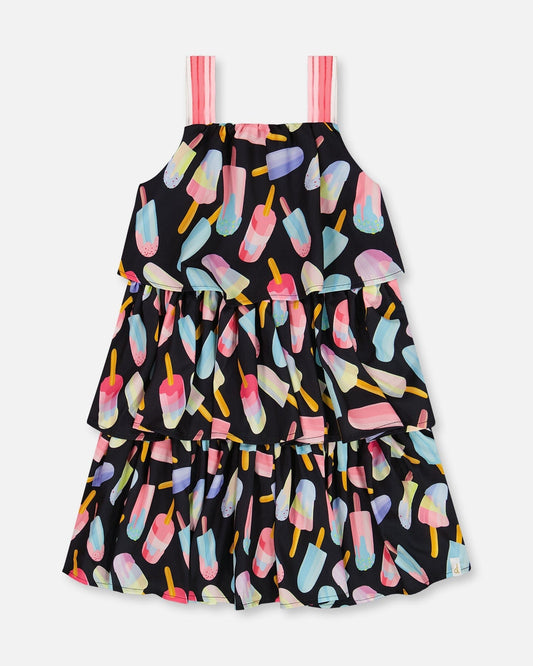 Printed Tiered Dress Ice Lollipops And Black