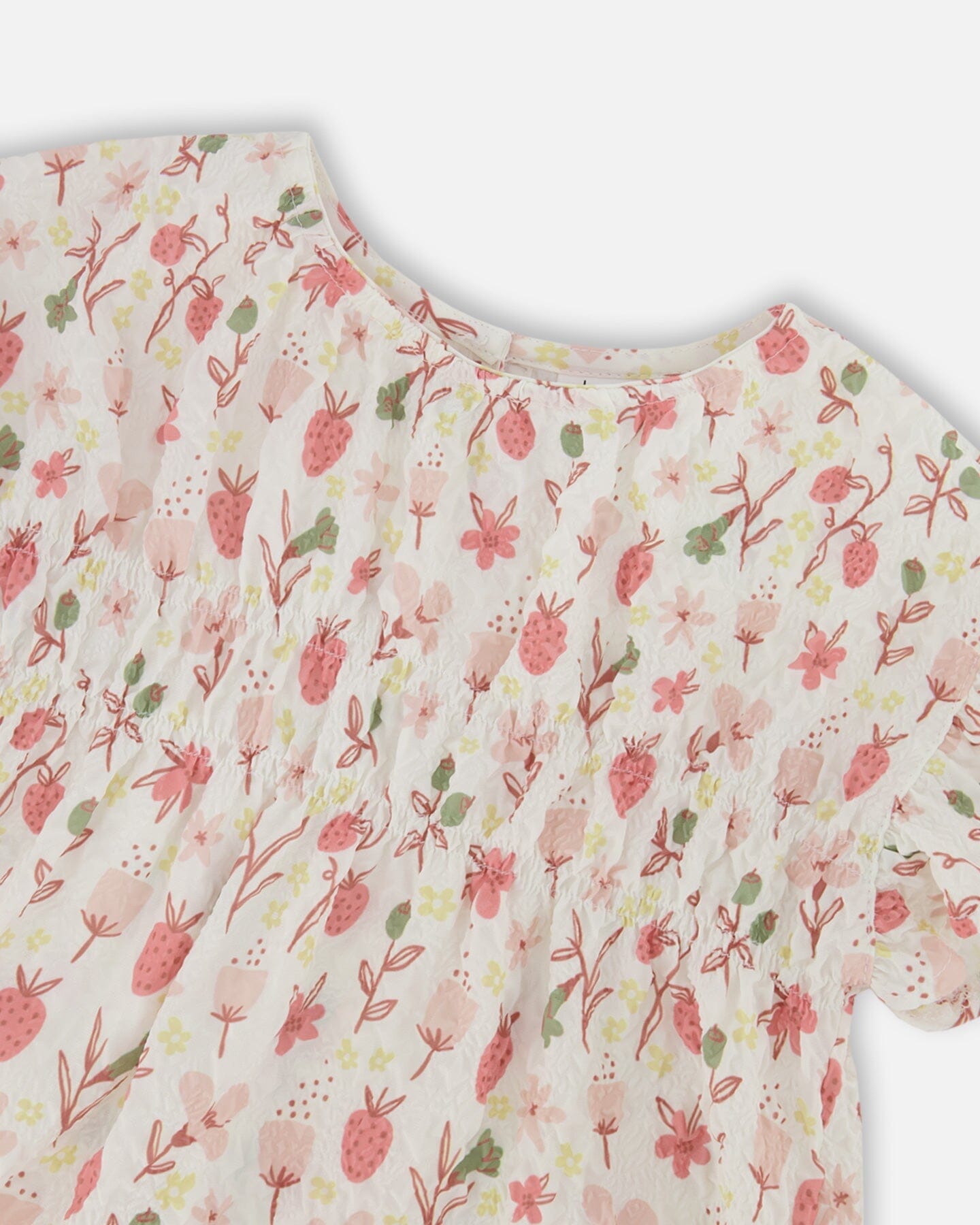 Printed Seersucker Blouse With Frills Pink Flowers On Cream Background
