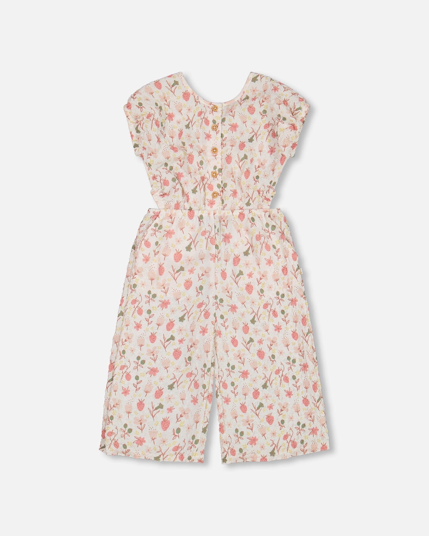 Printed Seersucker Jumpsuit With Cut Outs Pink Flowers On Cream Background