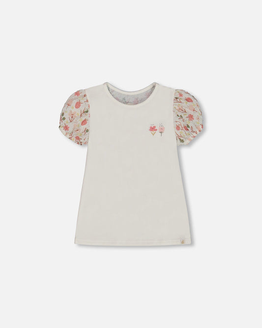 Bi-Material Organic Cotton Top With Puff Sleeve Pink Flowers On Cream Background