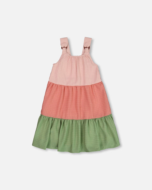 Tiered Color Block Peasant Dress Peach Pink And Green