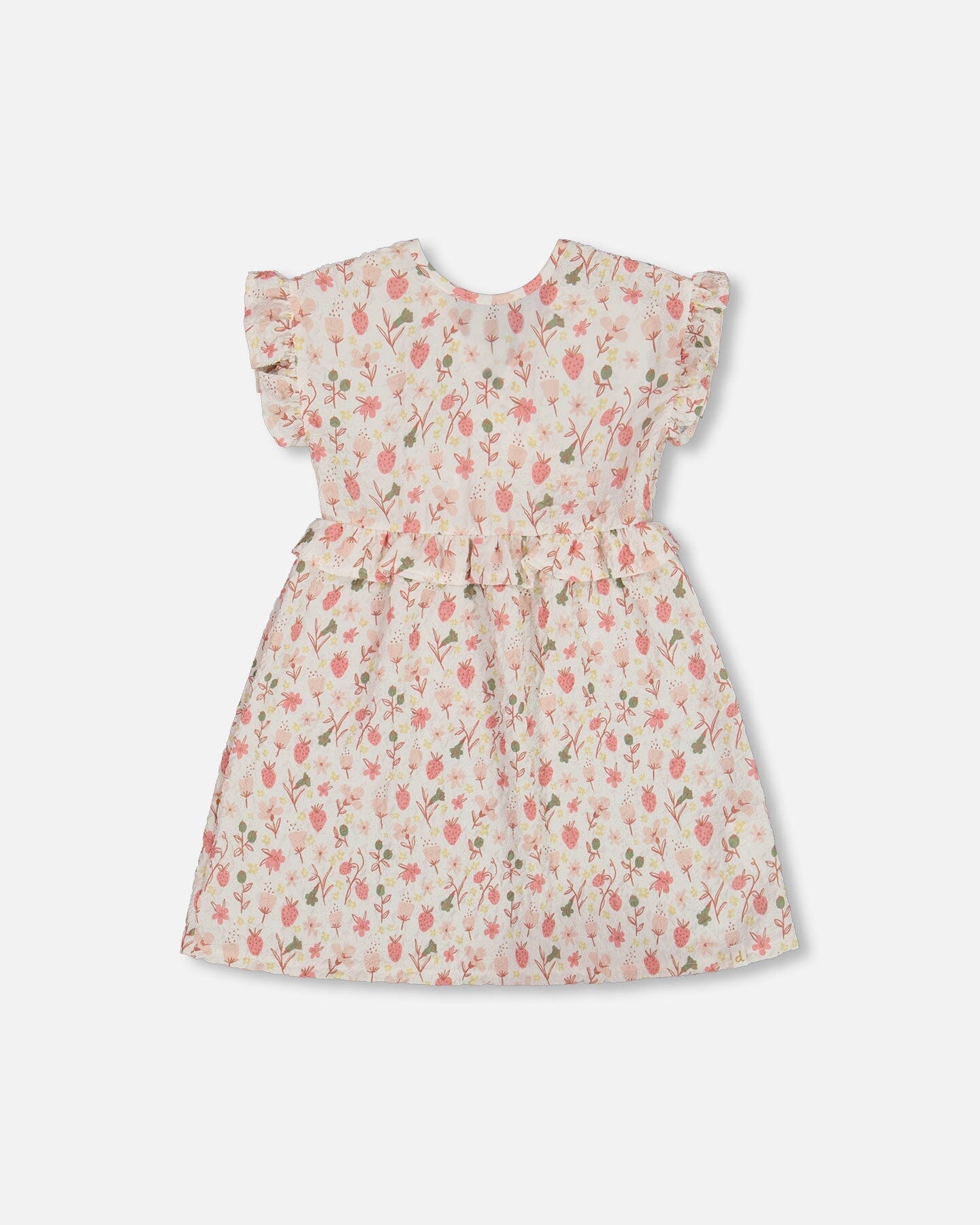 Printed Seersucker Dress With Frill Pink Flowers On Cream Background