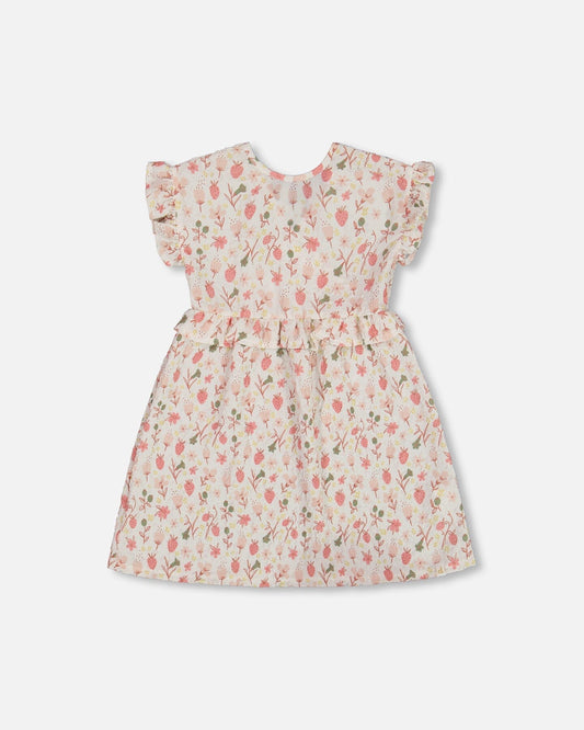 Printed Seersucker Dress With Frill Pink Flowers On Cream Background