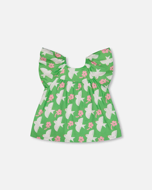Printed Blouse With Flounce Sleeves Green With White And Pink Bird
