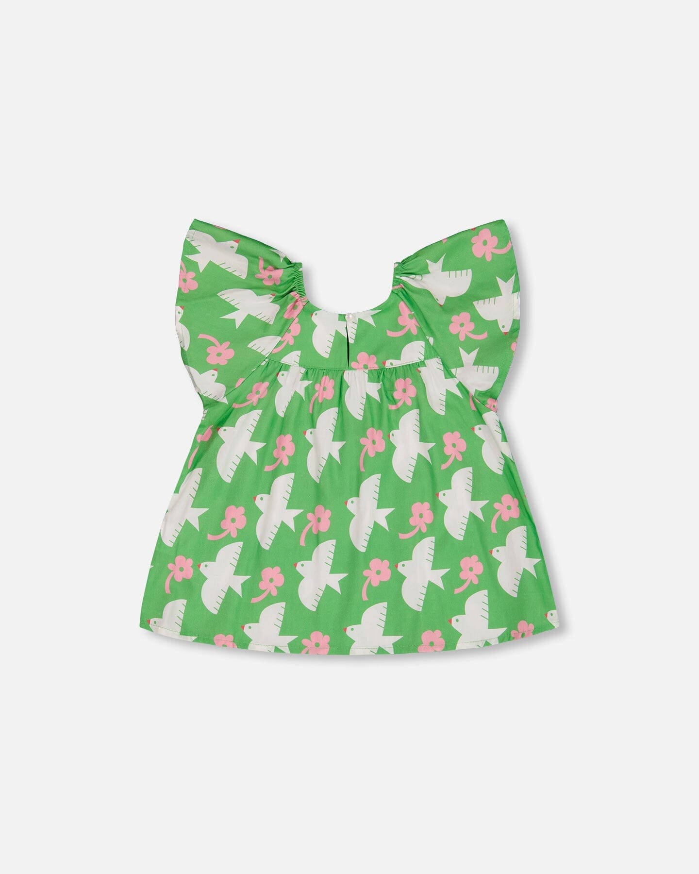 Printed Blouse With Flounce Sleeves Green With White And Pink Bird