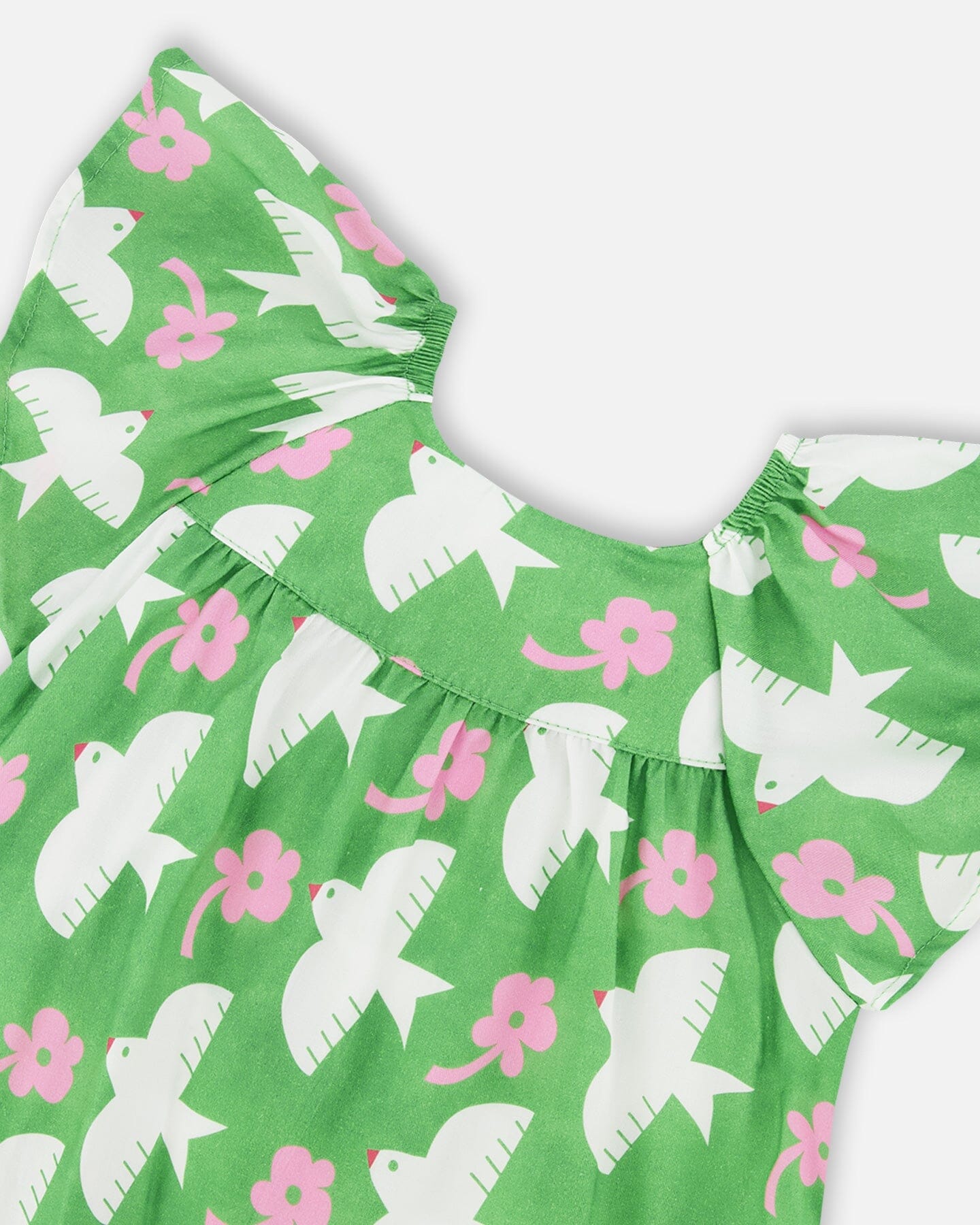 Printed Blouse With Flounce Sleeves Green With White And Pink Bird