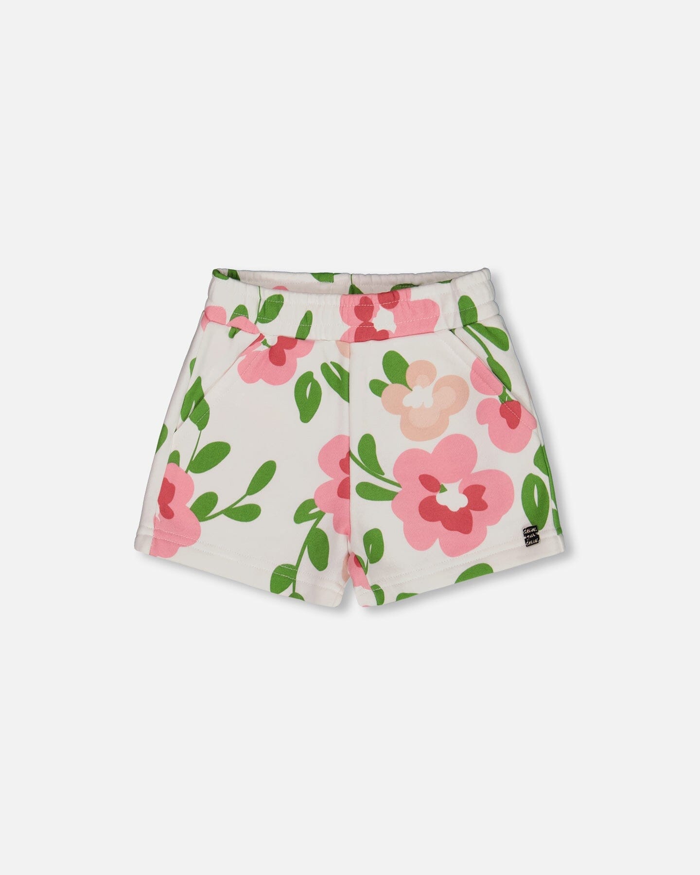 Printed French Terry Short Pink Flowers On White Background