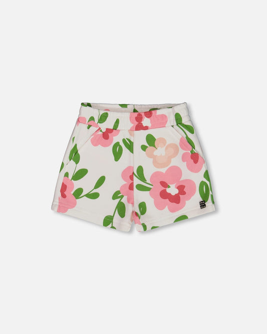 Printed French Terry Short Pink Flowers On White Background