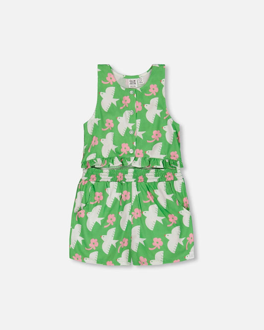 Printed Romper With Frills Green With White And Pink Bird