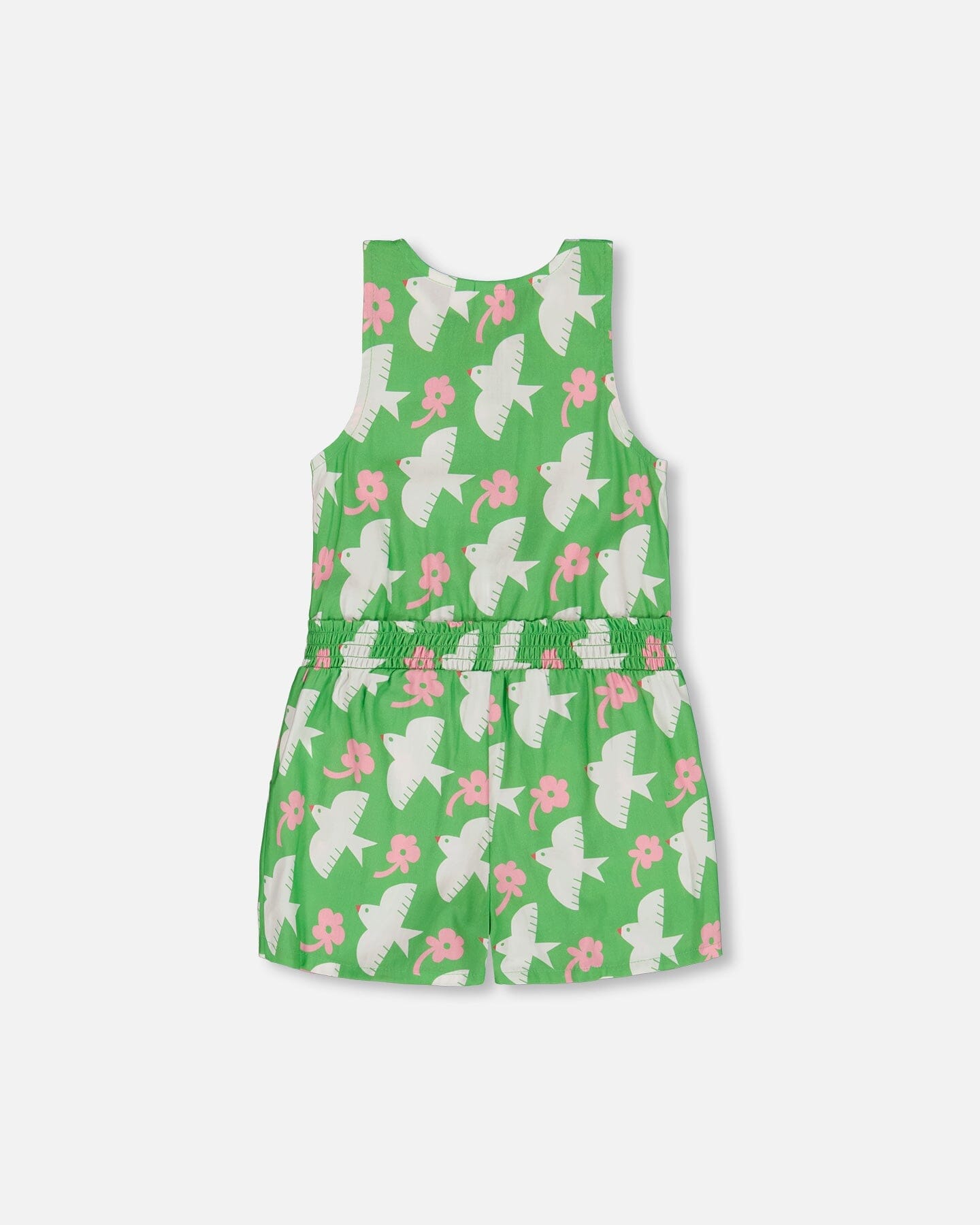 Printed Romper With Frills Green With White And Pink Bird