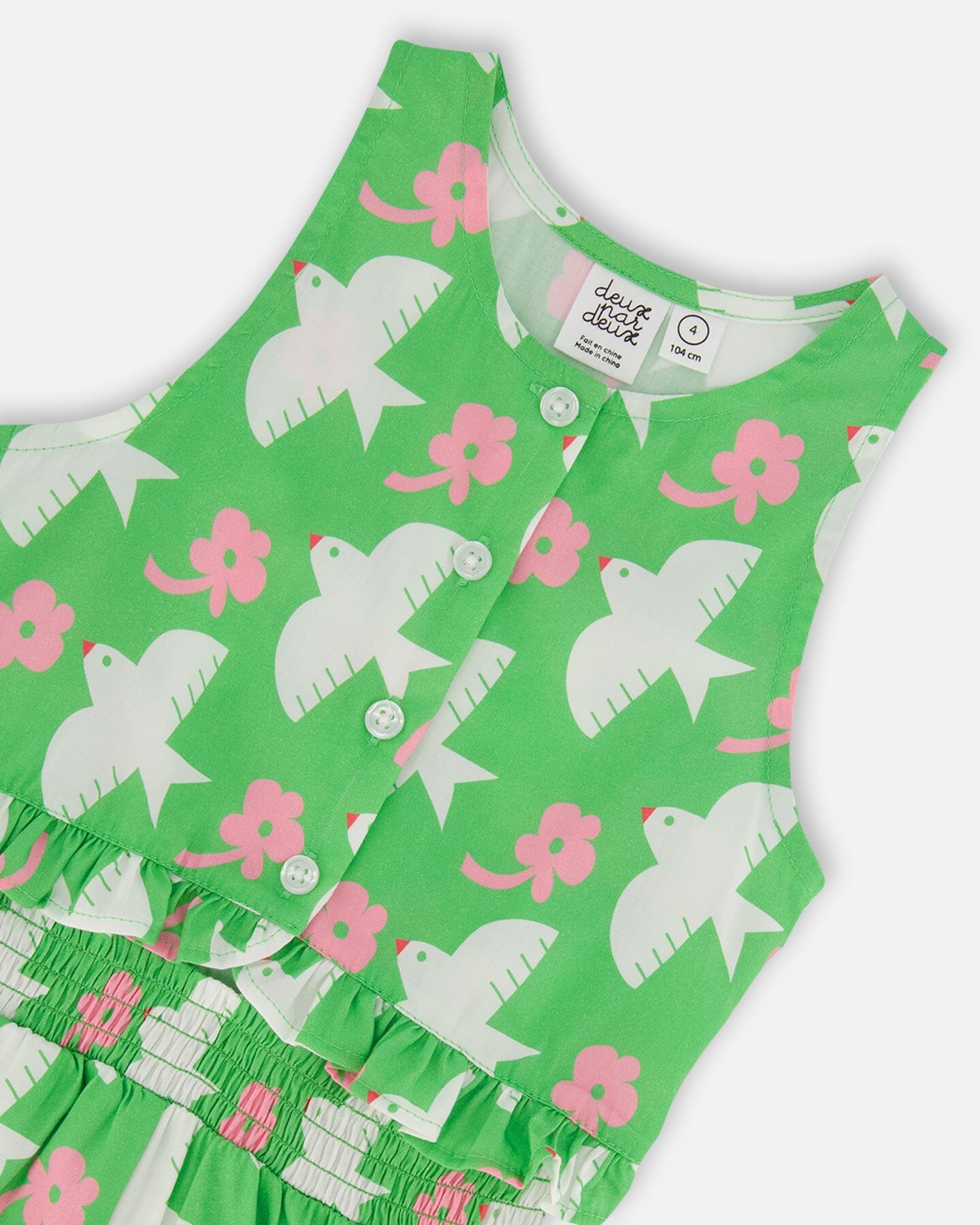 Printed Romper With Frills Green With White And Pink Bird