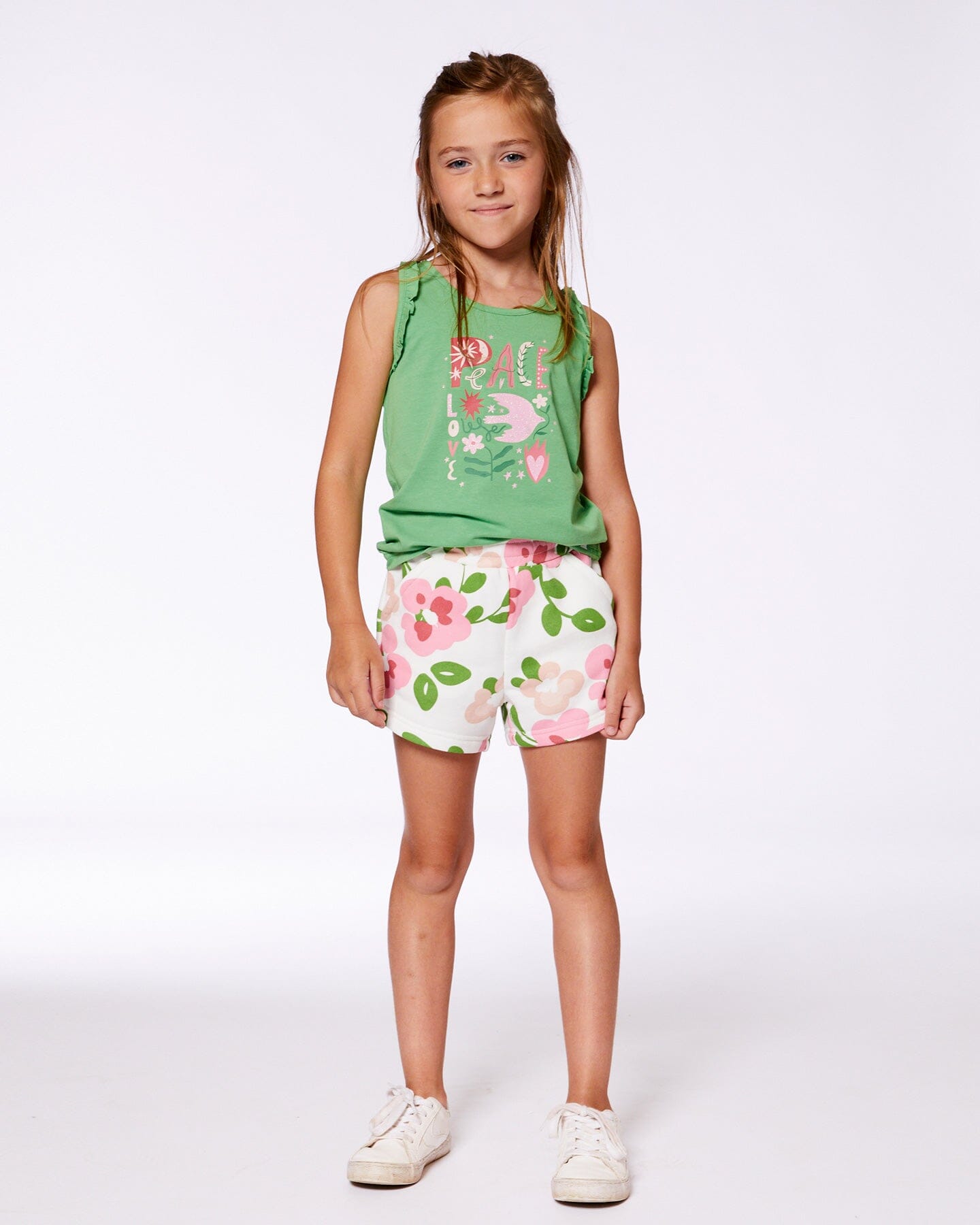 Organic Cotton Tank With Frills Flowers On Green Background