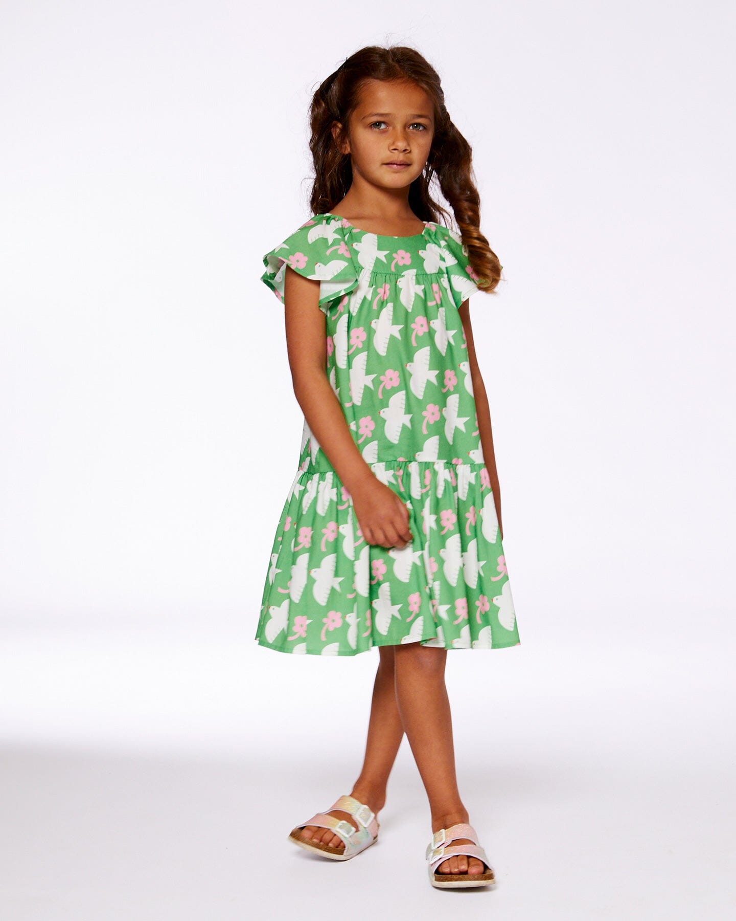 Printed Dress With Flounce Sleeves Green With White And Pink Bird