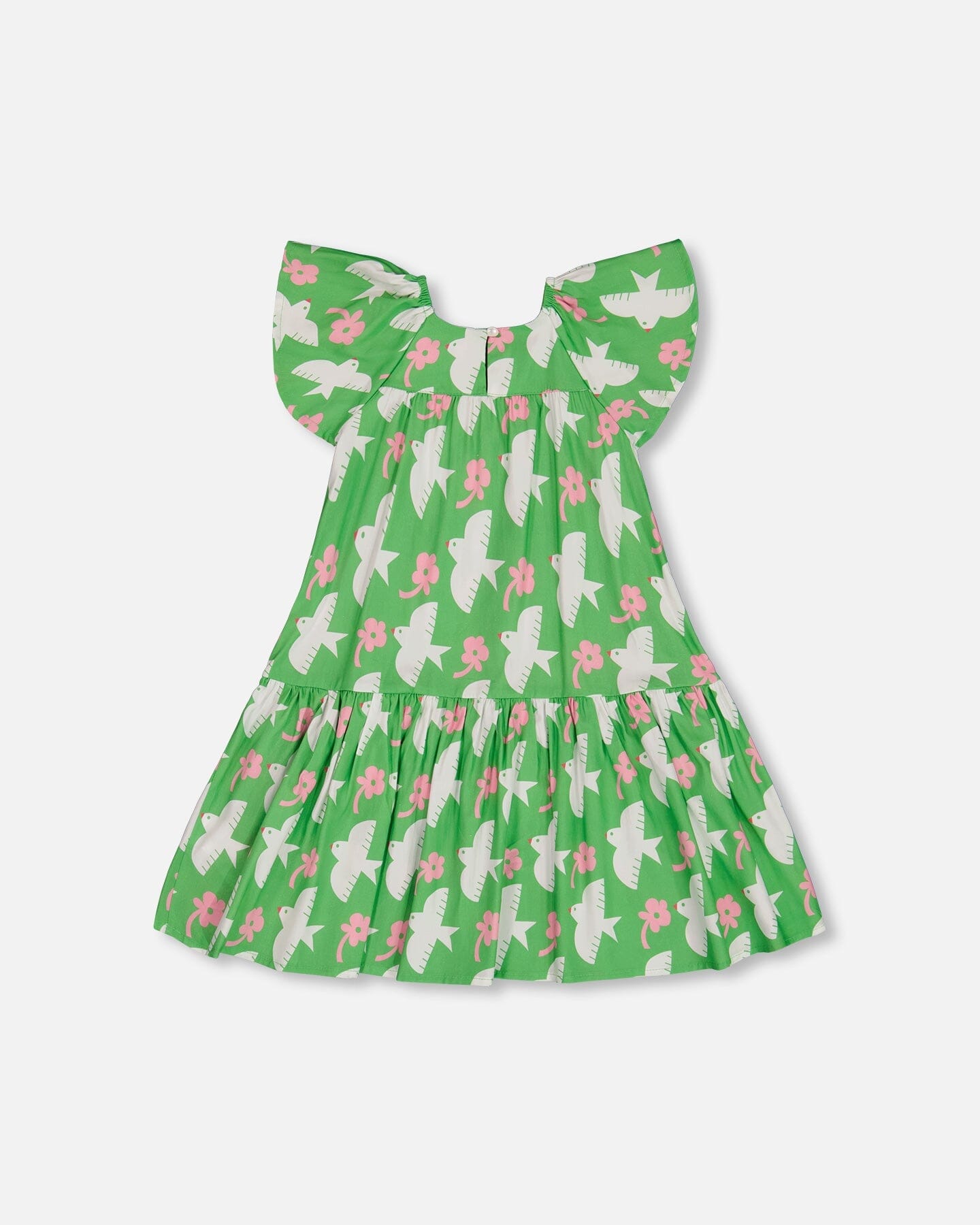 Printed Dress With Flounce Sleeves Green With White And Pink Bird