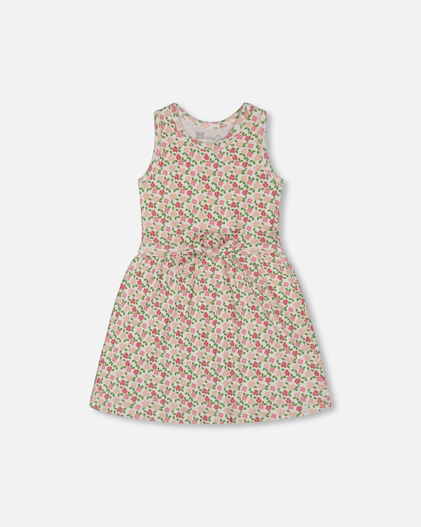Printed Ribbed Dress With Waist Tie Small Flowers On White Background