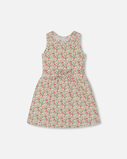 Printed Ribbed Dress With Waist Tie Small Flowers On White Background