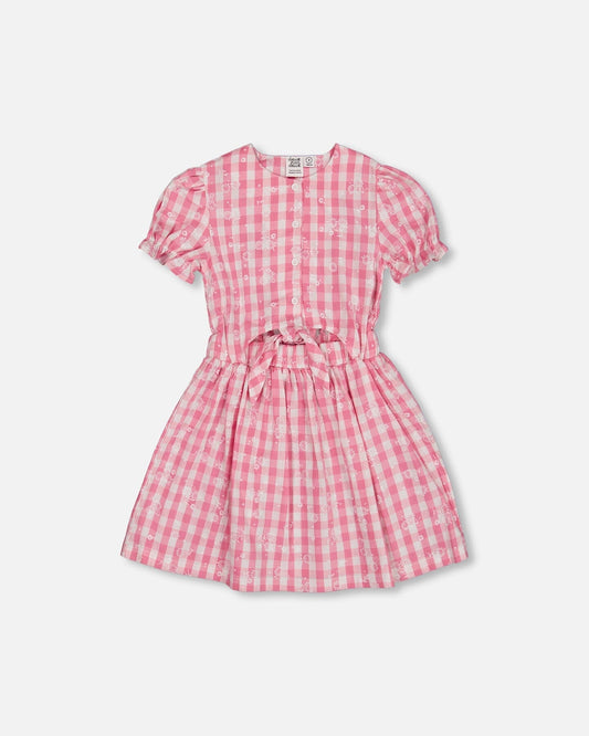Puff Sleeve Dress With Waist Tie Pink And White Checks
