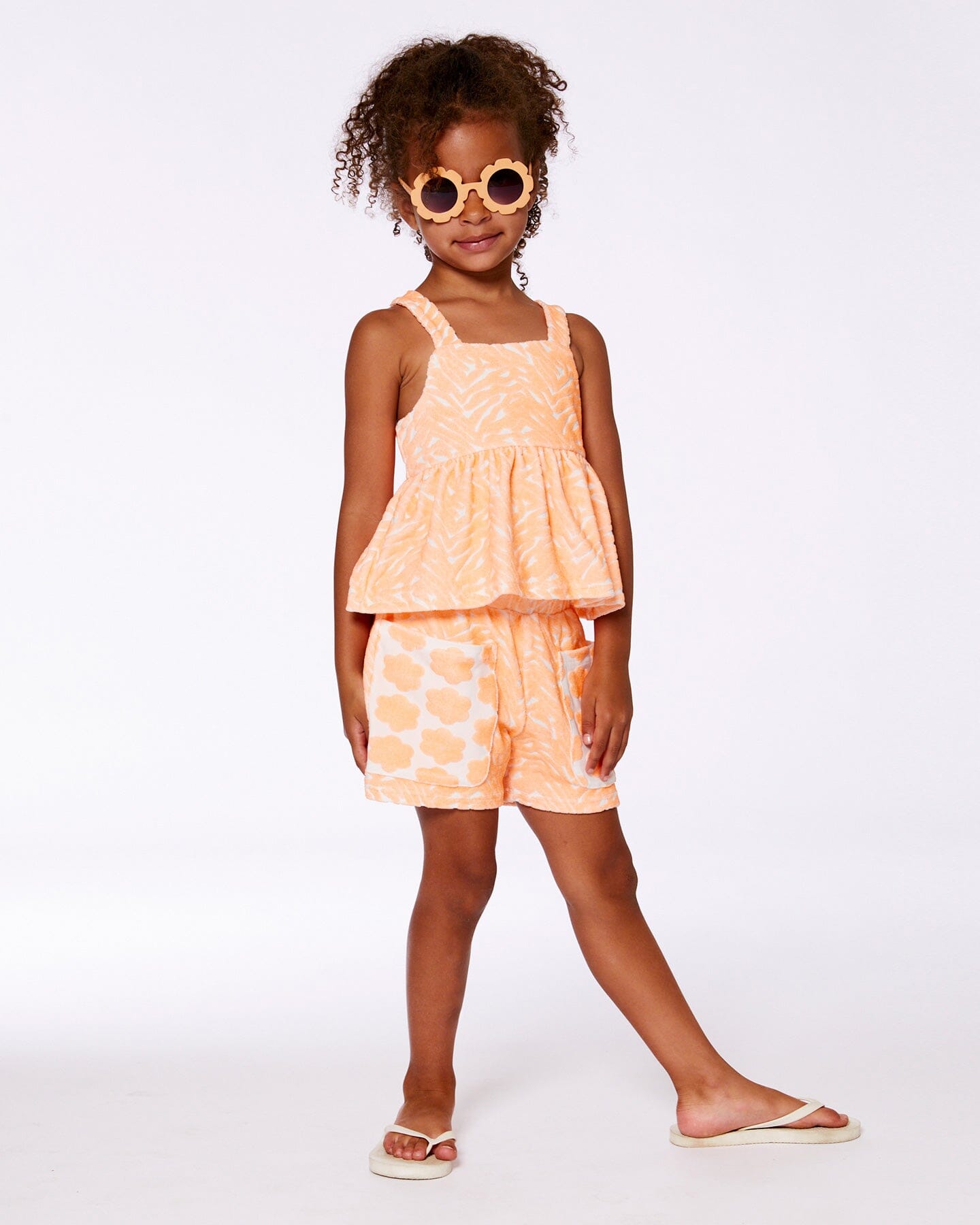 Printed Terry Tank Top And Shorts Set Vibrant Orange And White