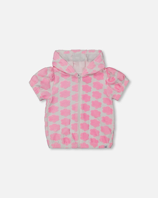 Printed Terry Short Sleeve Hoodie Cardigan Vibrant Pink And White