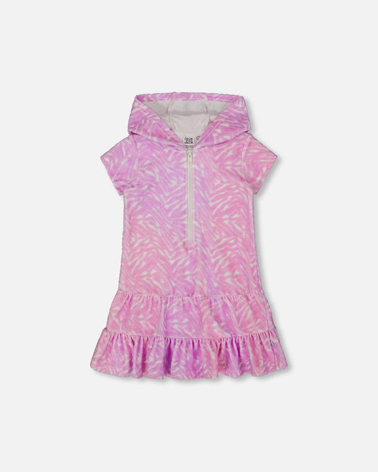 Printed Terry Beach Dress Vibrant Pink And White