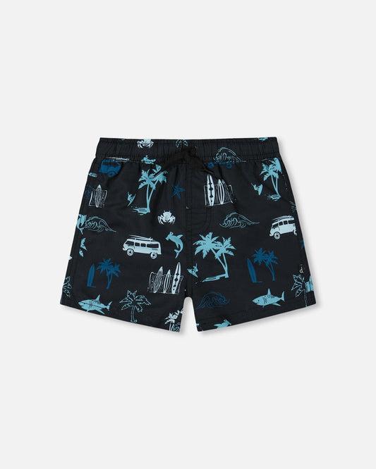 Printed Swim Trunks Light Blue Beach On Black
