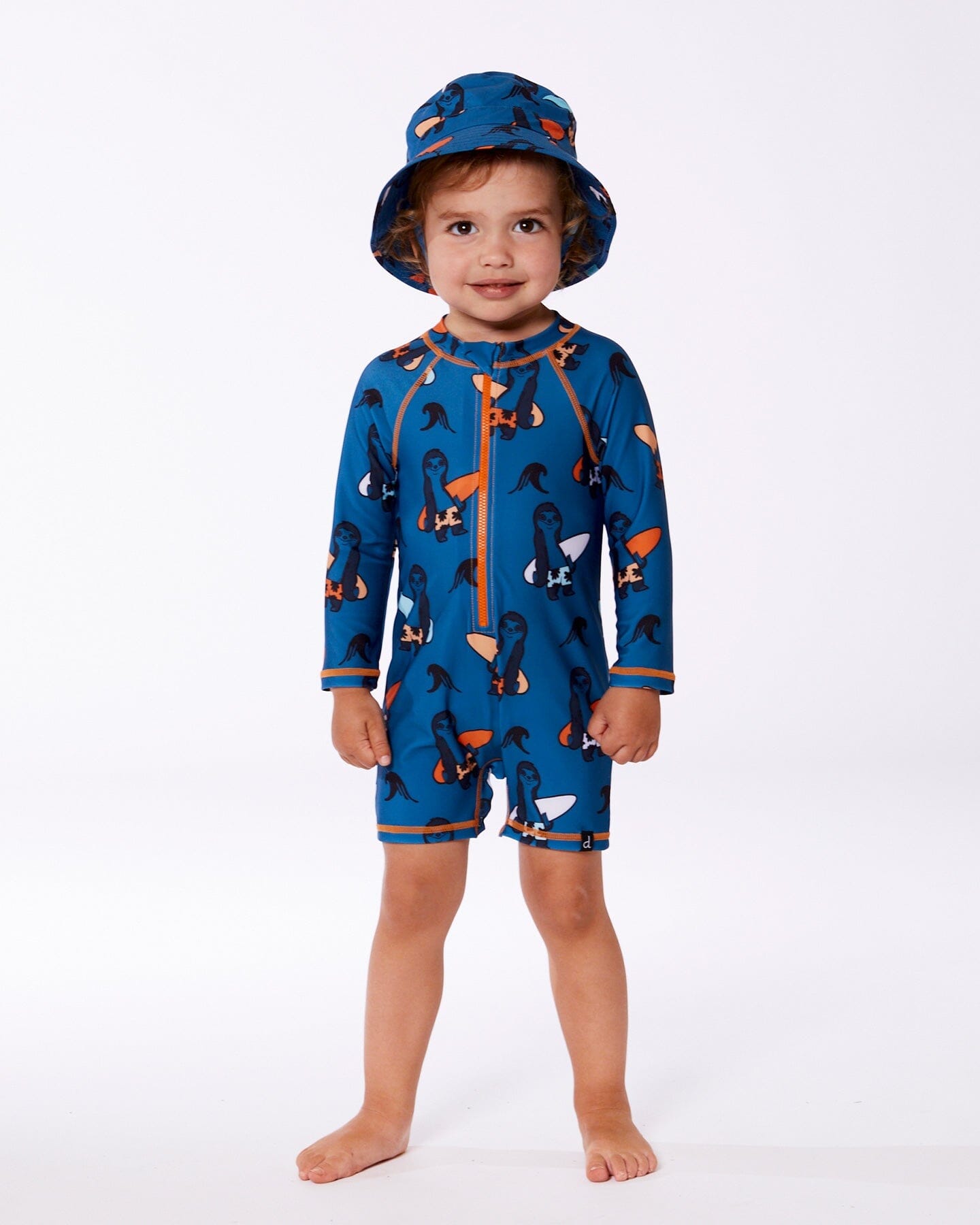 Printed Long Sleeve One-Piece Rashguard Orange Sloths On Navy Blue