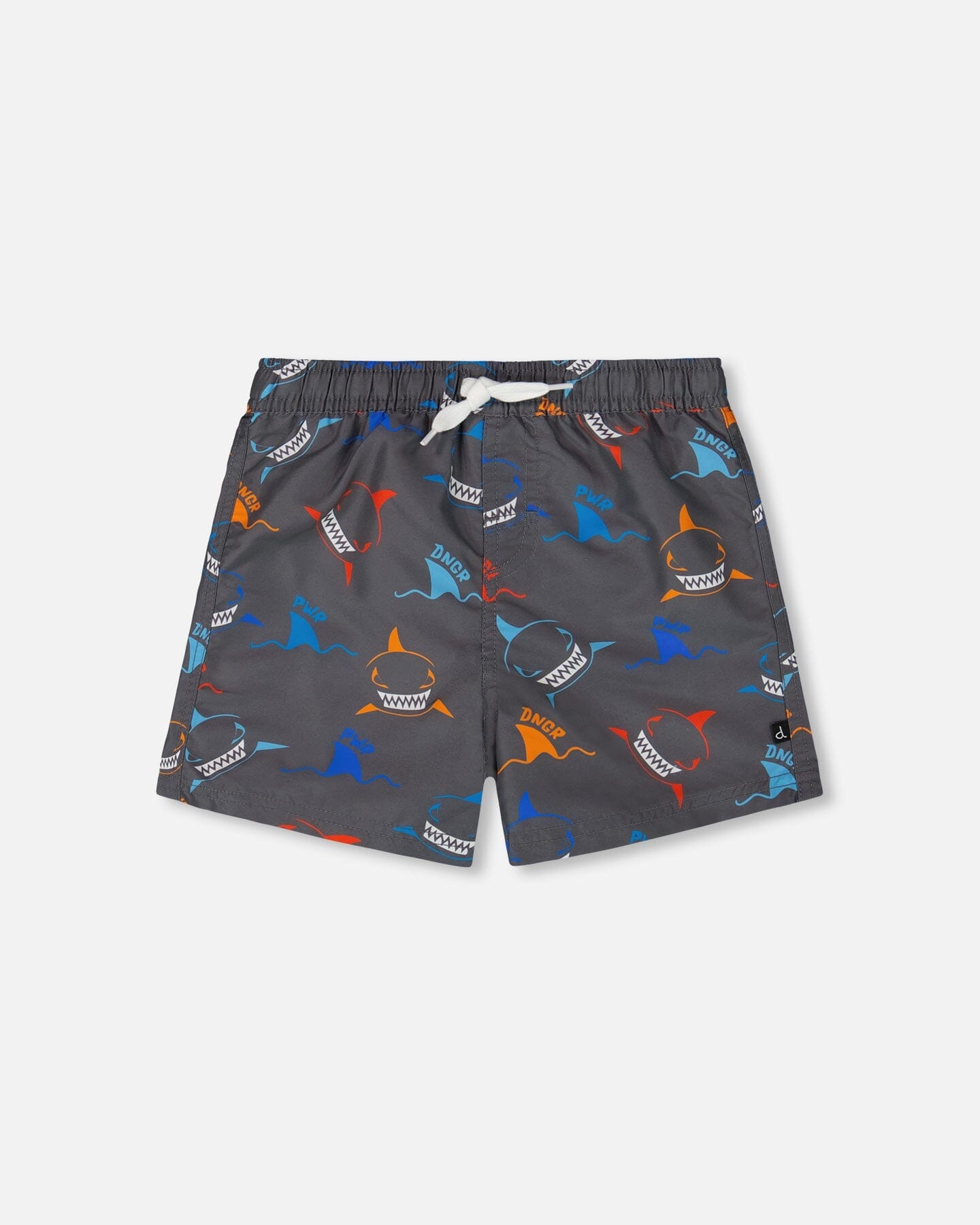 Printed Boardshorts Orange, Red, And Blue Sharks On Gray