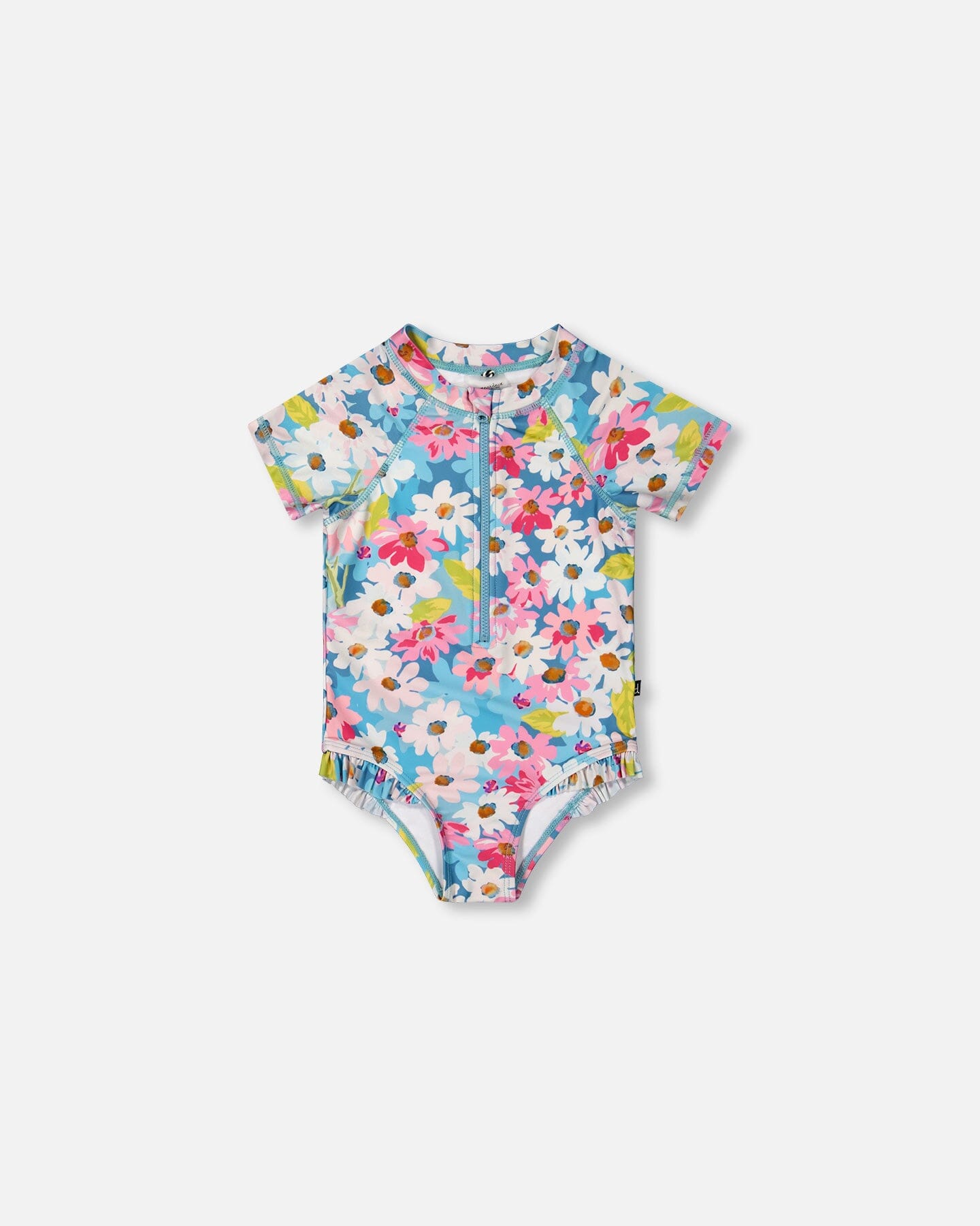 Printed Short Sleeve One-Piece Swimsuit With Frills White, Pink, And Green Flowers