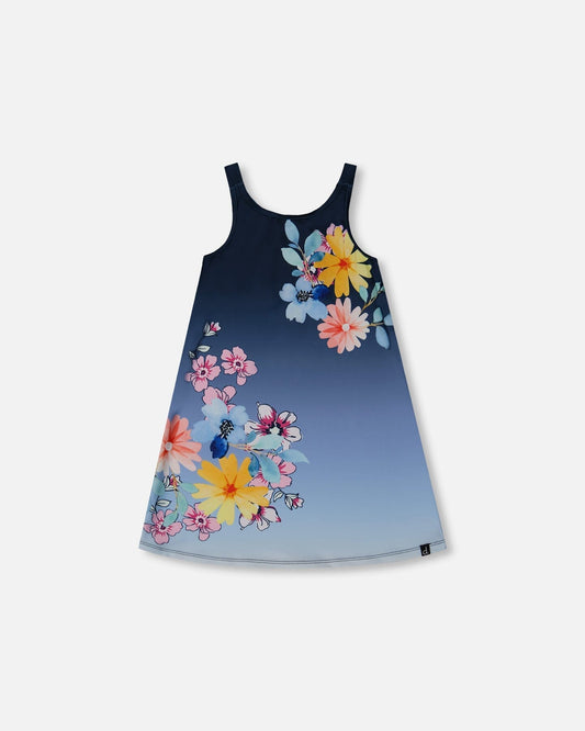 Printed Beach Dress Yellow, Pink Flowers On Navy Blue Background