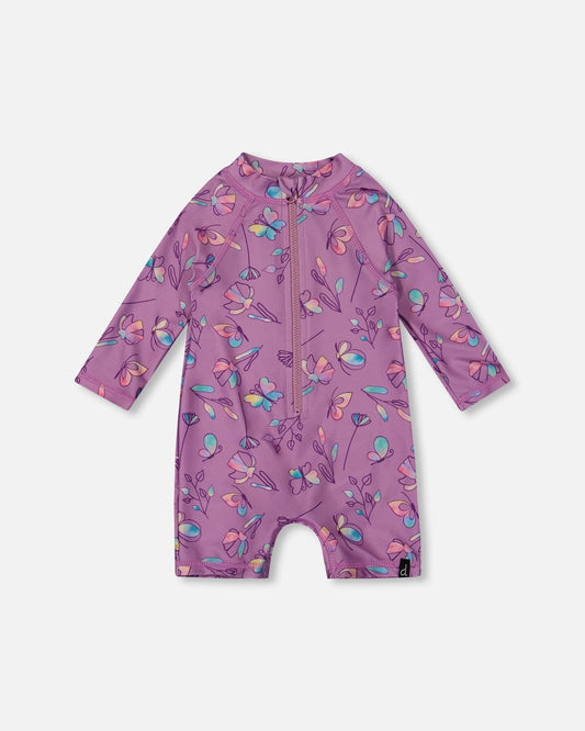 Printed Long Sleeve One-Piece Rashguard Old Mauve And Multicolored Butterflies