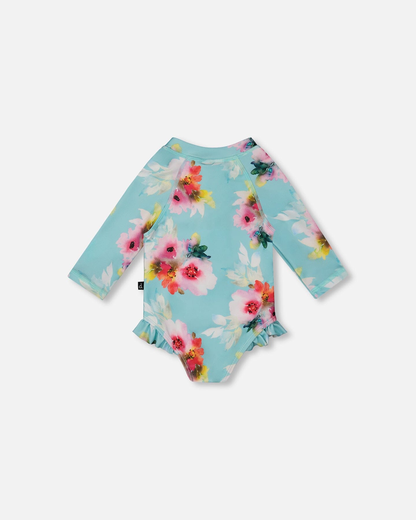 Printed One-Piece Rashguard With Frills Turquoise And Pink Flowers