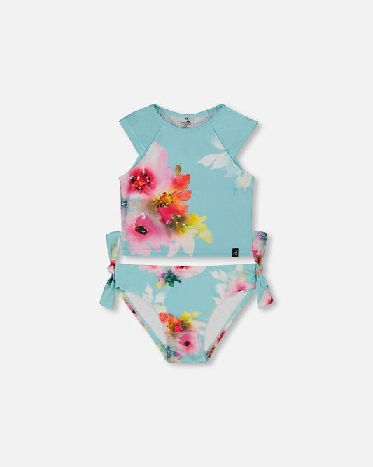 Printed Two-Piece Swimsuit Turquoise And Pink Flowers