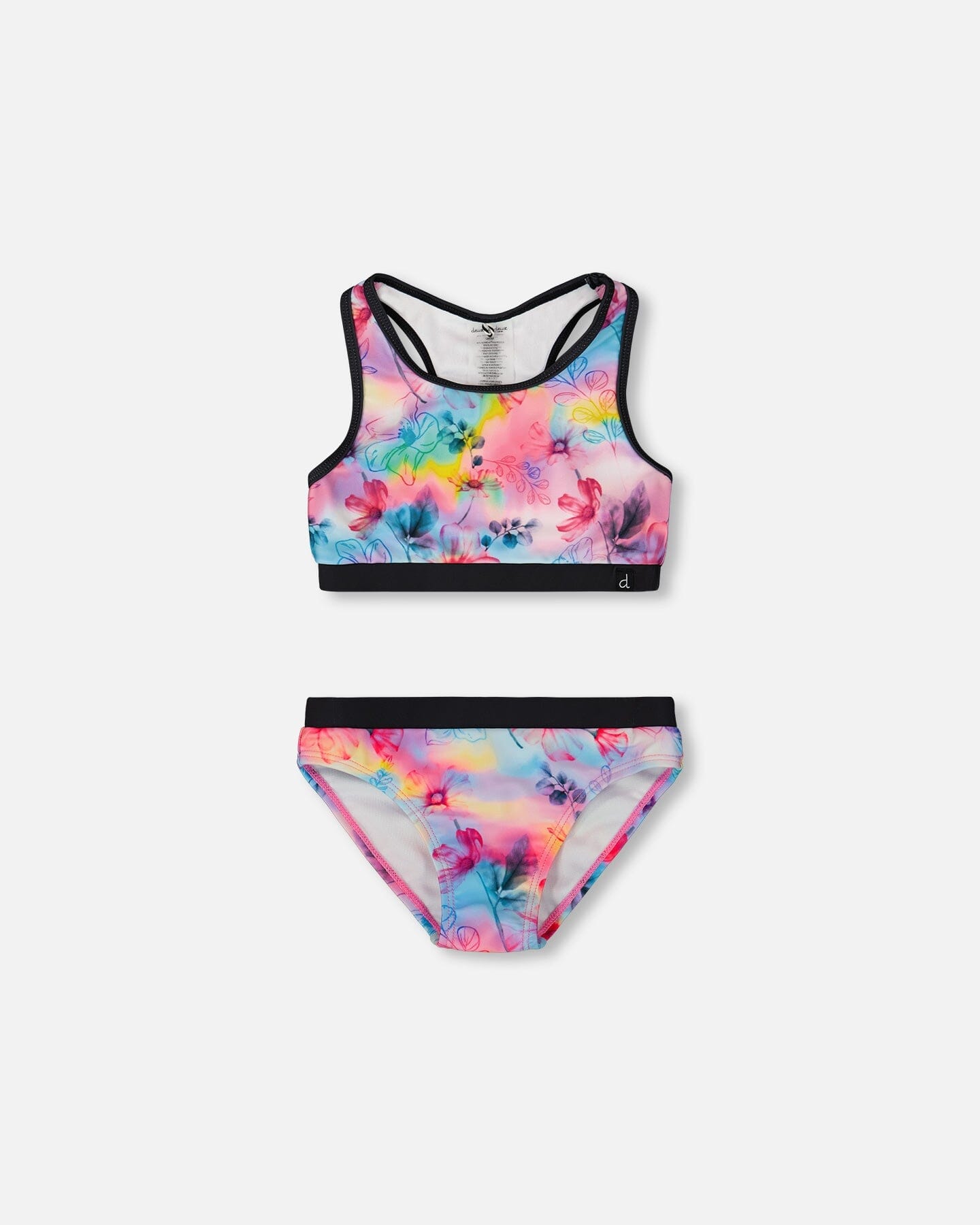 Printed Two-Piece Racerback Swimsuit Butterflies On Multicolored And Black Background
