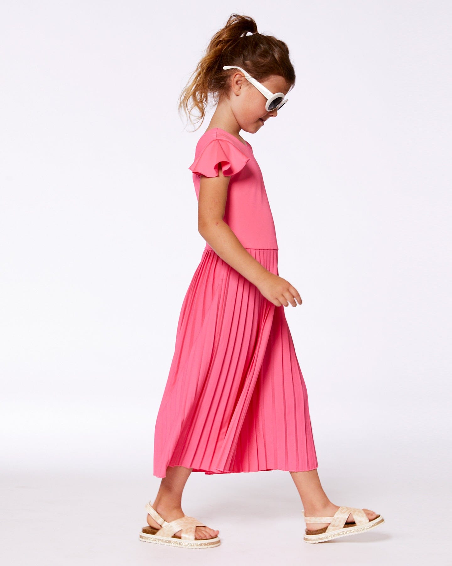Bi-Material Pleated Wide Leg Jumpsuit Candy Pink