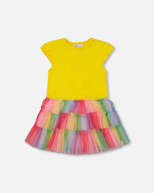 Short Sleeve Dress With Ruffle Tulle Skirt Multicolored